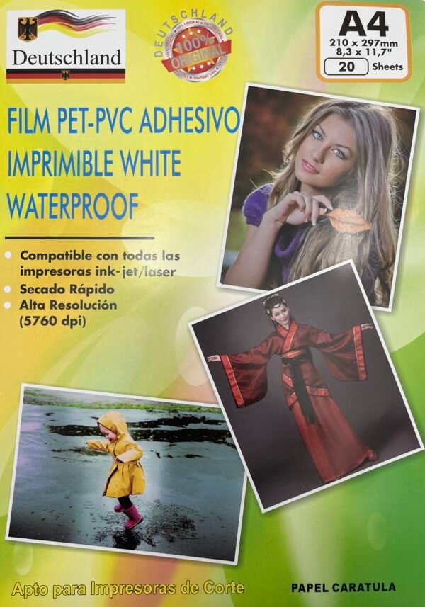 FILM PVC- PET ADHESIVO IMPRIMIBLE BLANCO BRILLANTE WATERPROOF. Marca Deutschlad T A4 20 hojas en Fluxi